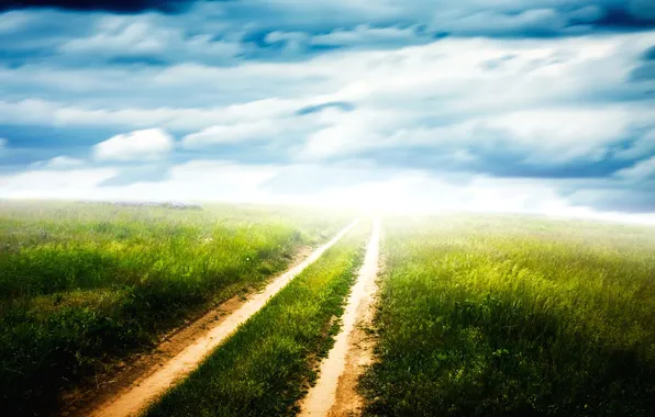 Road, field, clouds, horizon, track, country, Green pathway