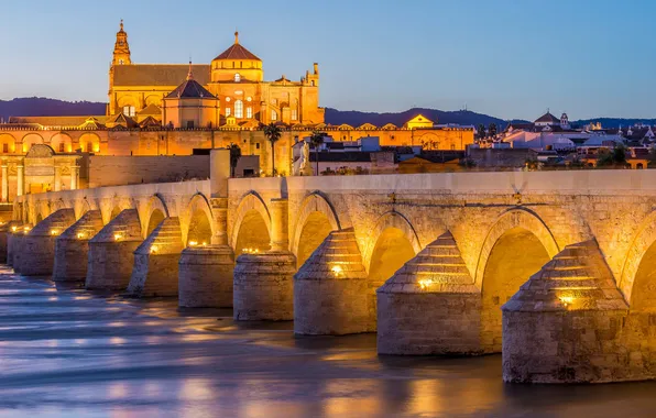 Night, bridge, lights, river, Cathedral, Spain, Cordoba