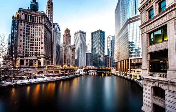 Picture Winter, The evening, River, Chicago, Skyscrapers, Building, America, Chicago