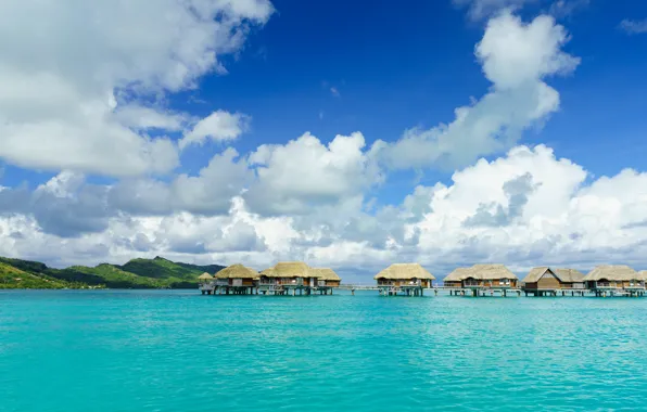 Sea, clouds, shore, Bungalow, Bora Bora, French Polynesia