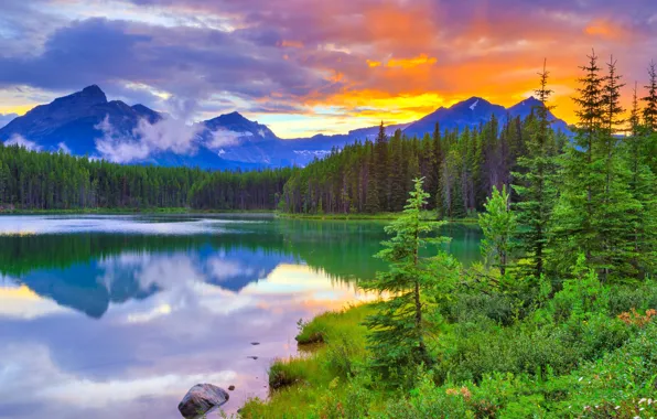 The sky, clouds, trees, sunset, mountains, lake, Banff National Park, Alberta