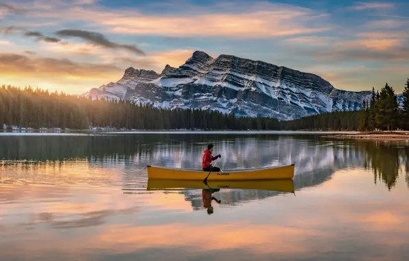 Forest, rays, light, sunset, mountains, lake, reflection, dawn