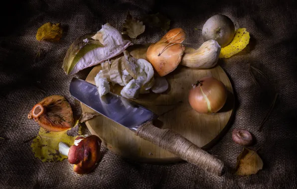 Mushrooms, bow, knife, still life, burlap, cutting, autumn leaves, cutting Board