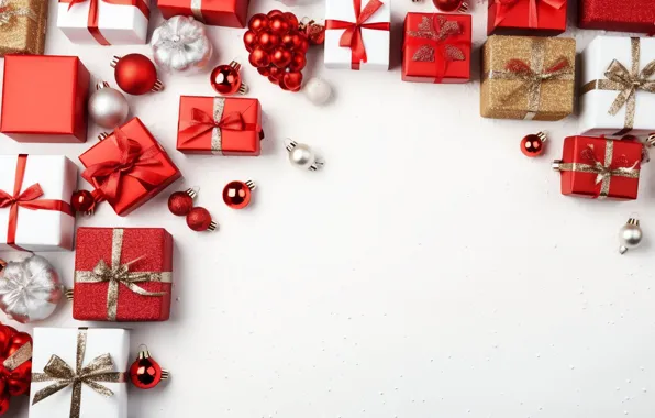 Balls, Christmas, gifts, red, white background, New year, white, bows
