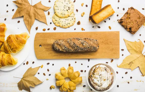 Picture autumn, leaves, background, tree, colorful, bread, wood, cakes