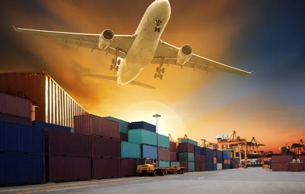 The sky, asphalt, crane, port, container, glow, the plane, the rise