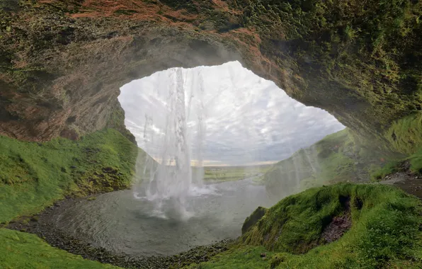 Waterfall, cave, Iceland, Seljalandsfoss