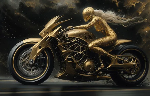 Girl, night, gold, speed, trip, digital art, sitting on a motorcycle