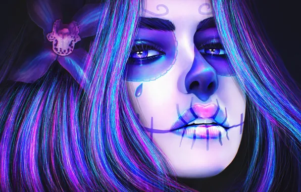 Picture face, skull, girl, makeup, flowers, Sugar Skull