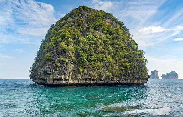Sea, the sky, clouds, trees, rocks, horizon, Thailand, Bay