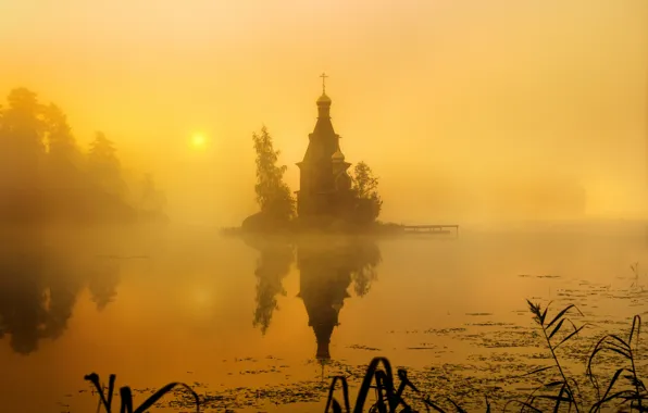 Picture fog, morning, Russia, The Church Of St. Andrew, Vuoksa