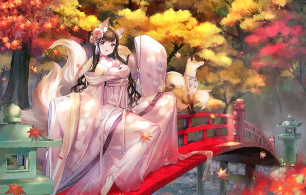 Picture leaves, girl, bridge, Fox, tail, ears, anime, art