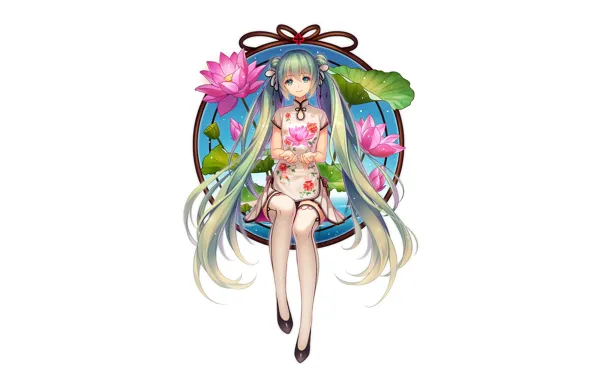 White, girl, flowers, background, vocaloid, hatsune miku, anime, art