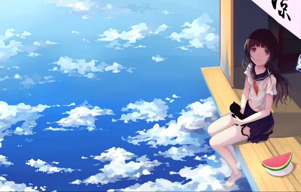 Picture the sky, cat, girl, clouds, anime, watermelon, art, form