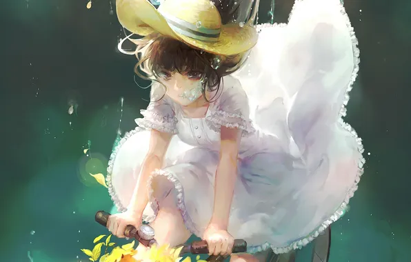 Girl, flowers, bike, bubbles, hat, anime, art, under water