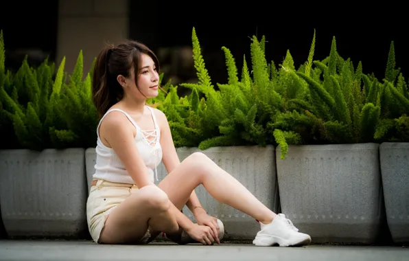 Picture girl, shorts, Mike, legs, Asian, sitting