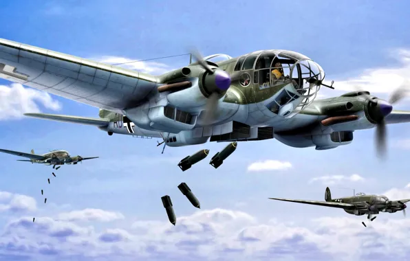 Germany, art, Bomber, Heinkel, The second World war, He-111, WWII, bombs