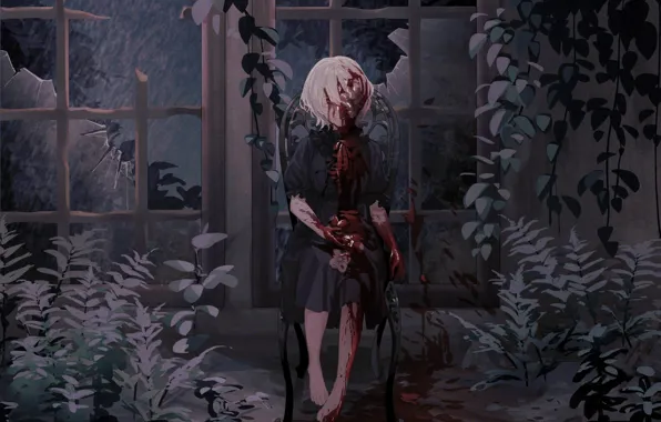 Girl, rain, blood, chair, Nijisanji, virtual youtuber, Jijia, Kudou Chitose