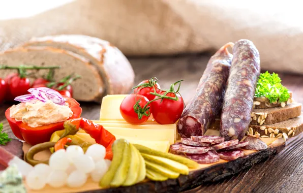 Picture bow, bread, pepper, sausage, cucumbers, cuts, fat