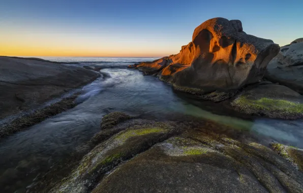 Sea, the sky, light, blue, stones, rocks, shore, morning