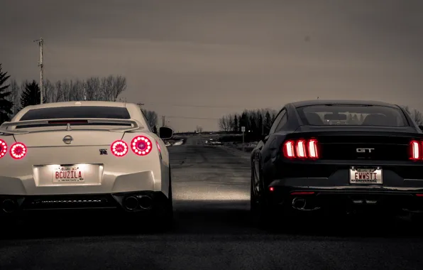 Ford, pair, Nissan, GT-R, front view, Mustang GT