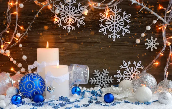 Balls, decoration, snowflakes, holiday, Board, candles, Christmas, New year