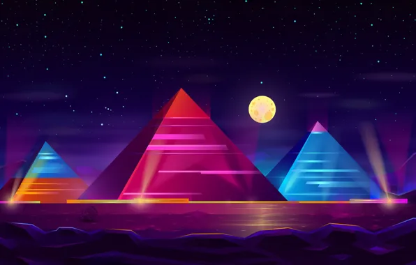 Color, Night, Stars, The moon, Neon, Pyramid, Pyramid, Moon
