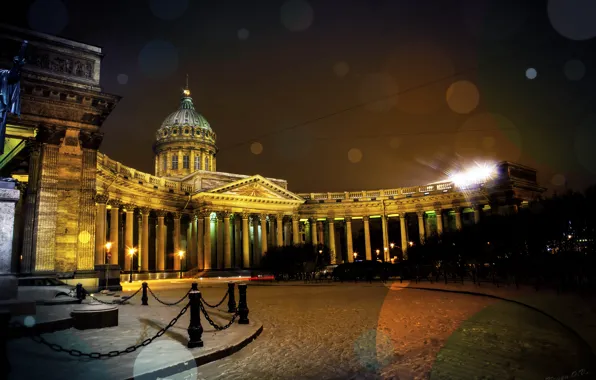 Snow, night, lights, Cathedral, Kazan Cathedral, center, St Peterburg