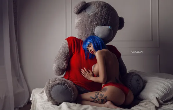 Ass, chest, girl, blue, red, pose, panties, makeup