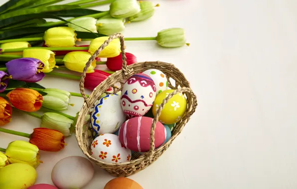 Picture flowers, eggs, colors, colorful, Easter, tulips, happy, wood