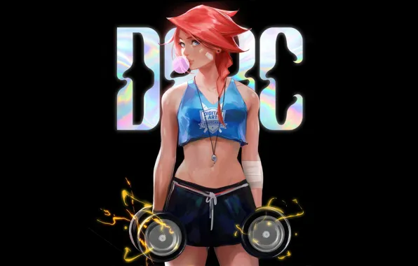Picture girl, shorts, red hair, art, top, dark background, dumbbells, bubble gum