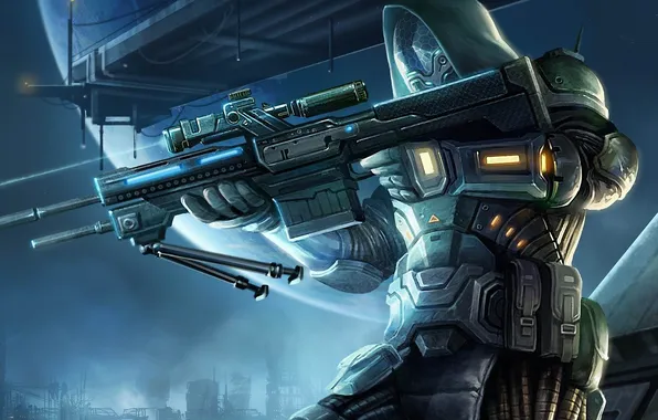 Picture the city, weapons, warrior, art, helmet, rifle, galaxy saga