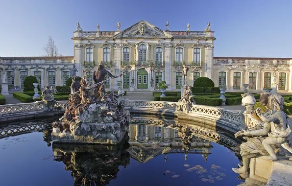 Water, pond, view, statue, Palace, Queluz, Queluz, Sintra