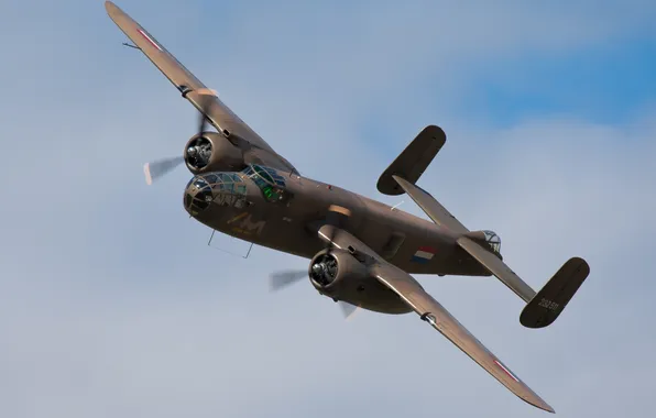 Picture the sky, the plane, American, North American, twin-engine, WW2, metal, North American B-25 Mitchell