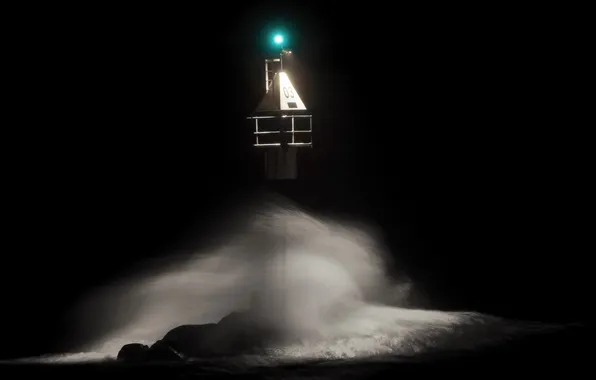 Wave, landscape, night, lighthouse