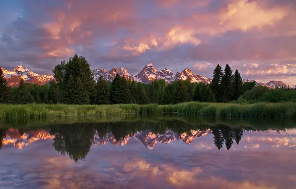 Summer, mountains, reflection, morning, USA, Wyoming, National Park Grand Teton