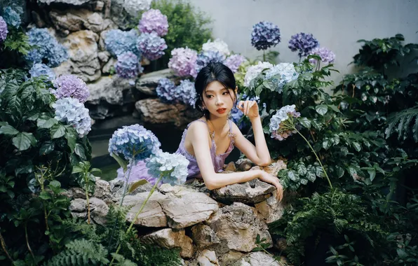 Beautiful, Asian, Model, Flowers, Water, Woman, Rocks, Cute