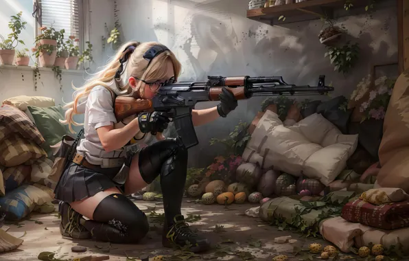 Picture Girl, Glasses, Blonde, Weapons, Machine, Art, Interior, AK-47