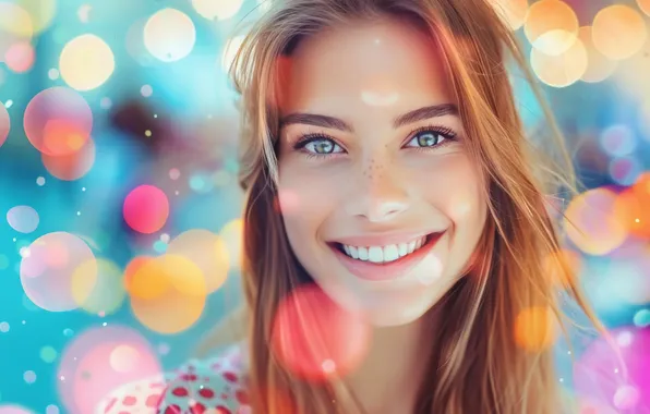 Girl, light, face, lights, smile, glare, portrait, brown hair