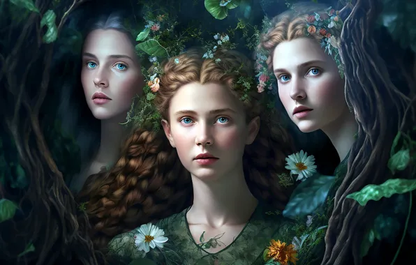 Look, nature, girls, face, trio, nymphs, AI art, neural network