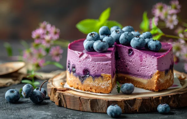 Berries, lilac, blueberries, cake, mint, cream, dessert, stand