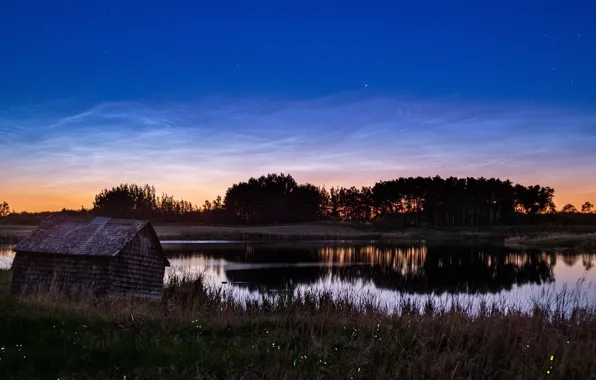 Picture lake, the evening, Canada, hut, lake, evening, hut, fireflies