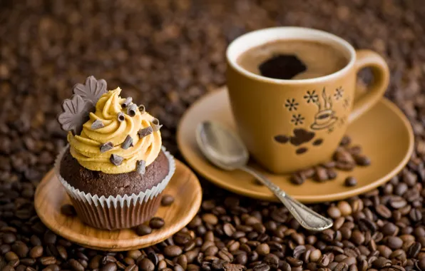 Picture coffee, chocolate, grain, spoon, Cup, cake, leaves, cream