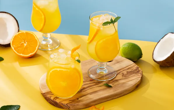 Coconut, oranges, glasses, cocktail
