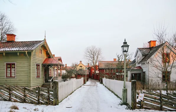 Picture house, Sweden, winter, snow, morning, village, architecture, lamp