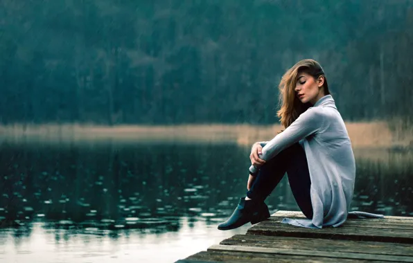 Forest, river, rain, makeup, pier, hairstyle, shoes, brown hair