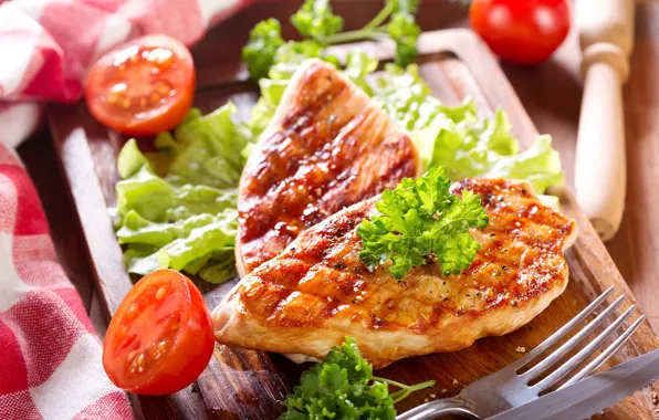Picture Board, meat, tomatoes, salad
