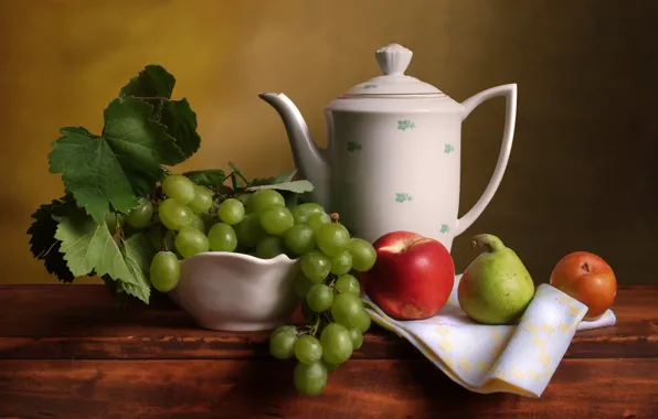 Picture apples, kettle, grapes, still life, pear