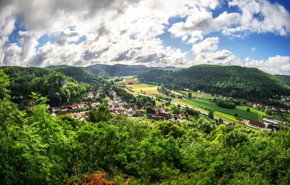 Greens, field, forest, the sky, the sun, clouds, trees, mountains