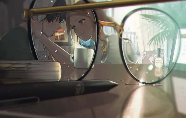 Glasses, water drops, on the table, almost kiss, the guy with the girl, the reflection …